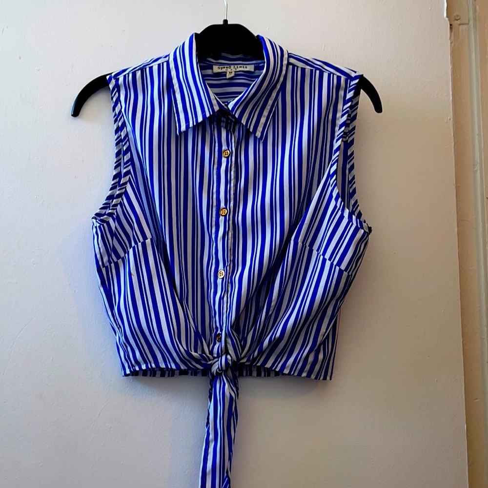 Brand: Speed Limit MPH, Size: M, made in India. Blue/white blouse, gold buttons.